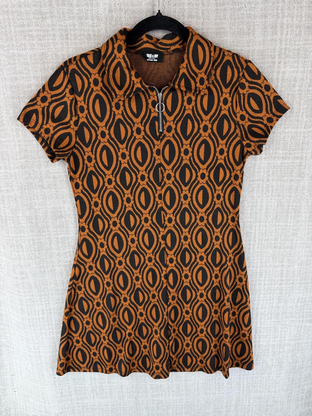 Jolie & Joy Dress Womens L Orange Geometric Shirt Dress Short Sleeve Zip